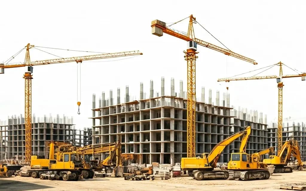 A busy construction site with diverse buildings, workers in safety gear, and heavy machinery, emphasizing teamwork, quality, and safety.